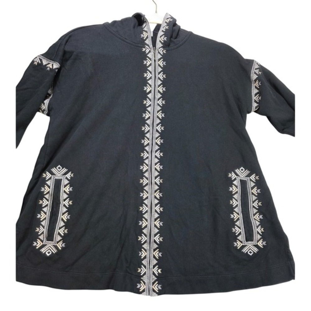 J Jill‎ Full Zip Hoodie Medium Black Embroidered Boho Southwest Aztec Artsy